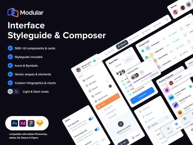 Modular – UI Styleguide & Composer 双配色网页网站导航栏选项卡边栏日程图表套件模块ui界面设计模板