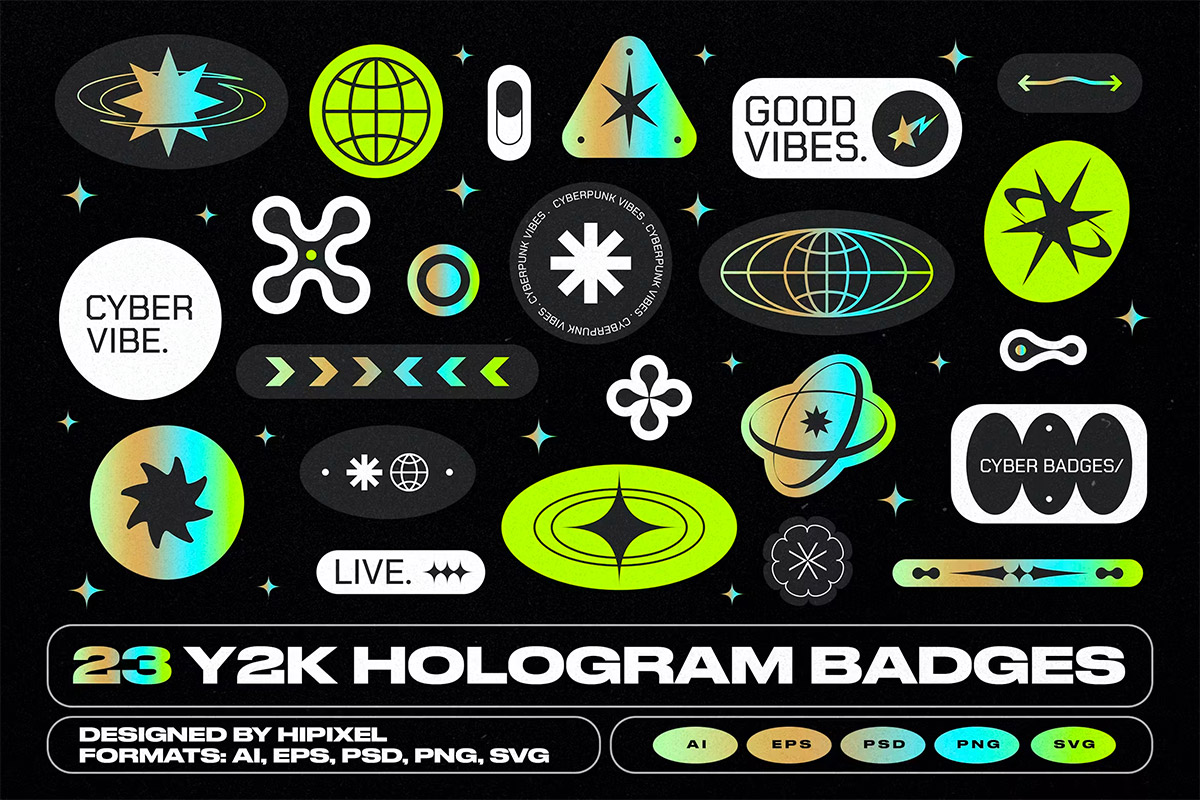 Y2K Hologram Badge Stickers 复古Y2K全息彩虹图章徽标标识贴纸矢量设计素材