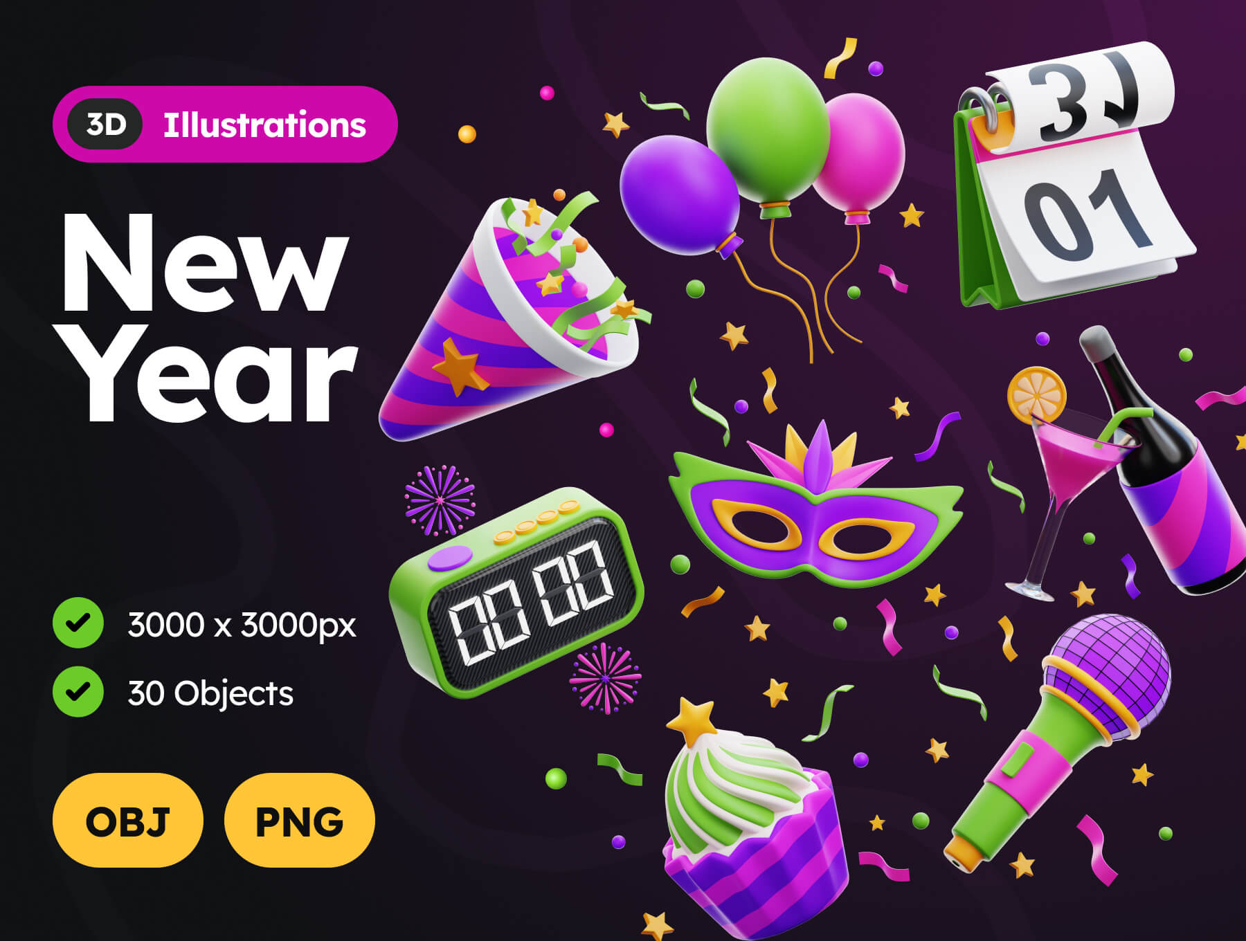 New Year 3D Illustrations  30款3D新年2024过年跨年派对庆祝晚会标题元素PNG免扣插画插图