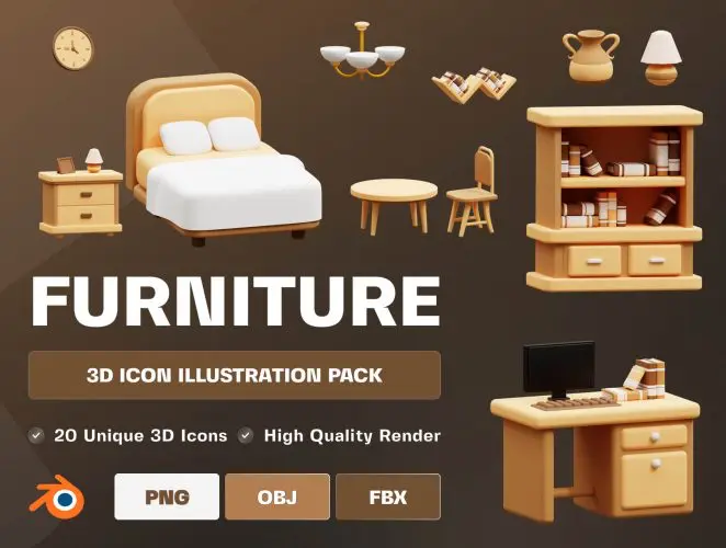 Furniture 3D Illustration Icon Pack  20款家具家电灯具卫浴移动应用展示3D图标icon设计素材webp免抠图片