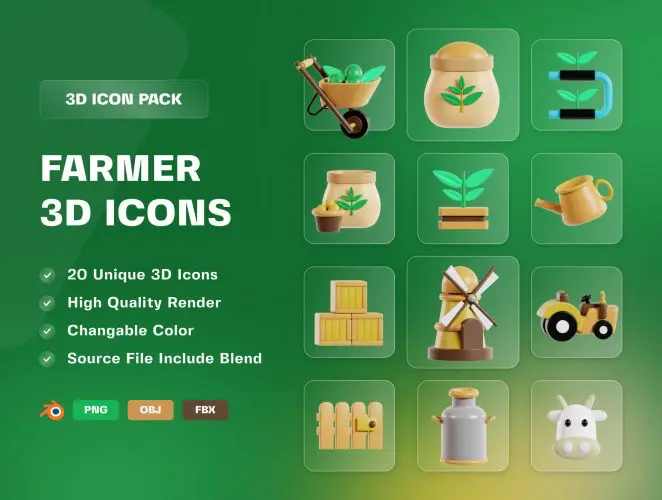 Farmer and Agriculture 3D Icon Pack  20款农场农业农作物3D图标icon设计素材webp免抠图片