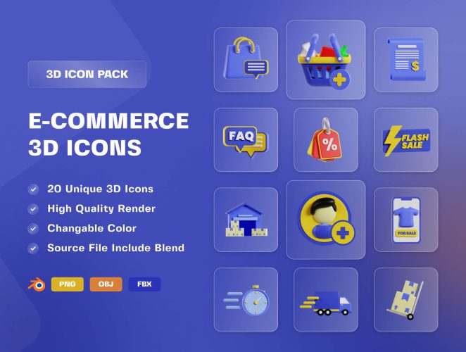 E-Commerce & Online Shopping 3D Icon Pack  20款趣味时尚卡通电商购物大促创意3D立体icon图标设计素材源文件