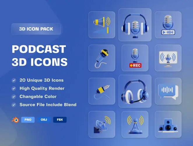 Podcast & Live Streaming 3D Icon Pack  20款新闻播报解说员播音设备演示3D图标icon设计素材webp免抠图片