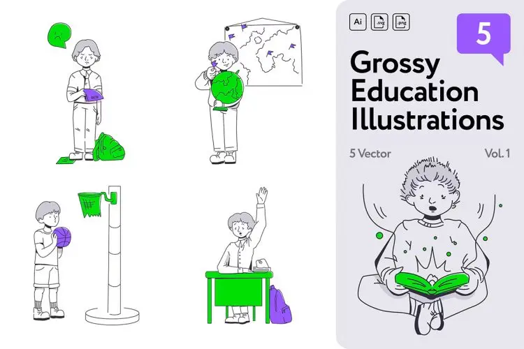 Grossy Education Illustrations  30幅在学校学习生活场景插画设计男女大学生插画图片