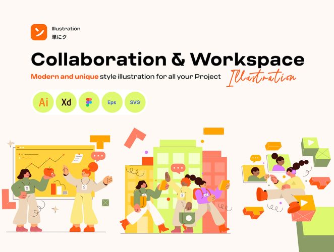 Collaboration & Workspace illustration  20款手绘团队合作预置场景插画设计团队协作矢量人物插画图片