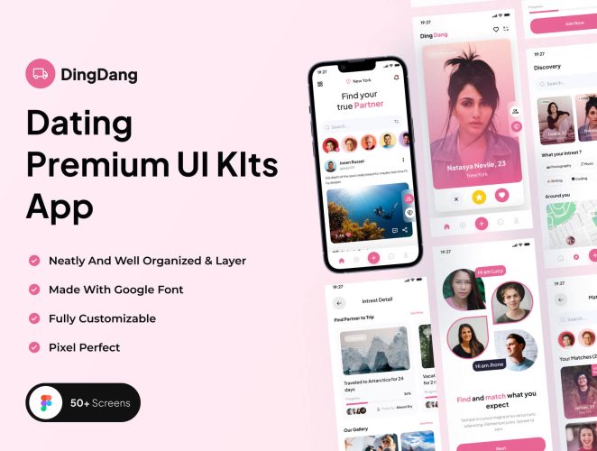 DingDang – Dating Premium UI KIts App 在线社交聊天约会移动应用手机app用户界面设计ui套件模板