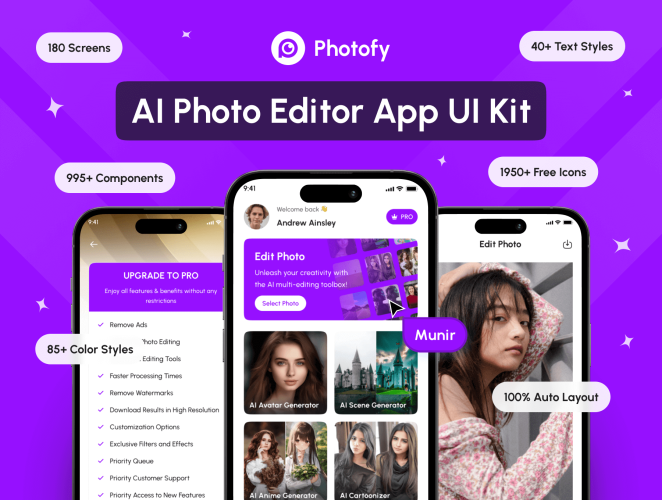 Photofy – AI Photo Editor App UI Kit  85屏AI智能美化照片处理美颜滤镜美化编辑器手机app设计用户界面ui套件