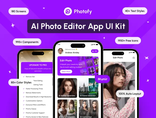 Photofy – AI Photo Editor App UI Kit  85屏AI智能美化照片处理美颜滤镜美化编辑器手机app设计用户界面ui套件