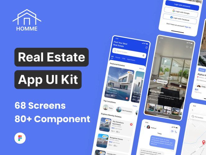HOMME – Real Estate App UI Kit  65屏移动房地产应用用户app界面界面ui套件figma源文件