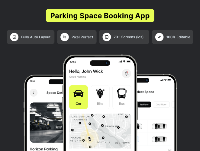 Filllo Parking Space Booking App UI Kit  70屏手机停车泊车停车场定位查找app设计模板用户界面蓝色UI套件