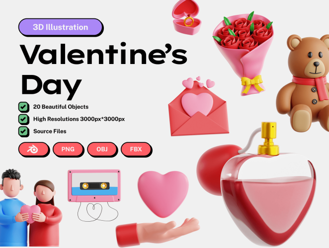 Valentine’s Day  20款情人节3D插图插画营销展示png免抠图片设计素材