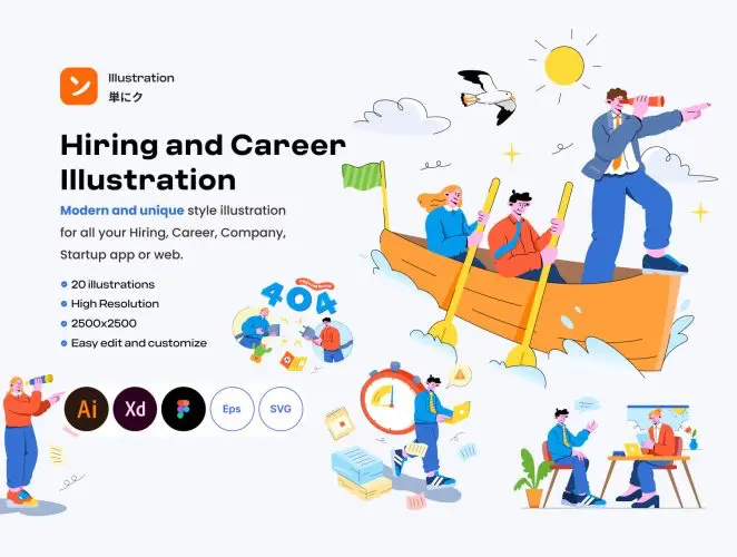 Hiring and Career Illustration  20款趣味时尚潮流扁平化招聘宣讲面试职业发展插图插画ai设计素材