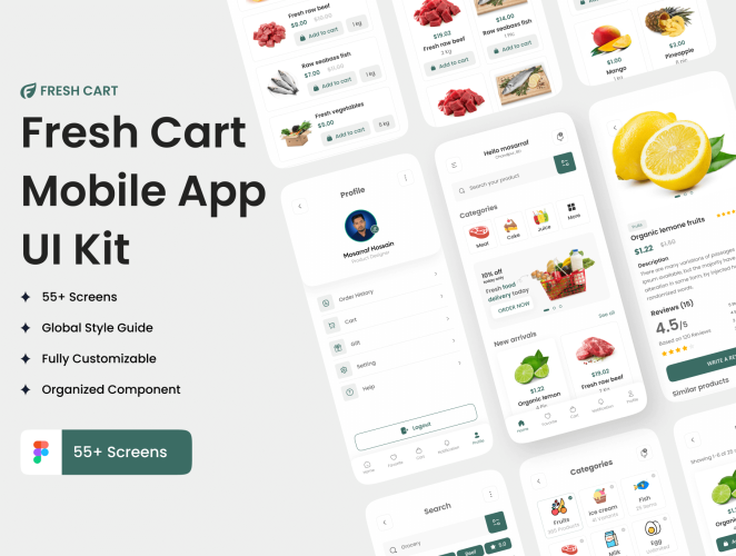 Fresh Cart-Grocery Mobile App UI Kit 网上水果店app界面设计手机电商ui模板下载