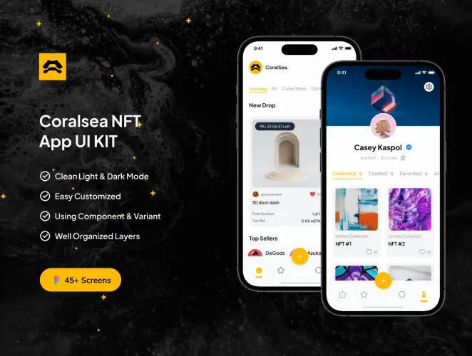 CoralSea NFT UI KIT  45屏NFT虚拟数字珍藏品交易平台app网页用户界面响应式设计ui套件模板