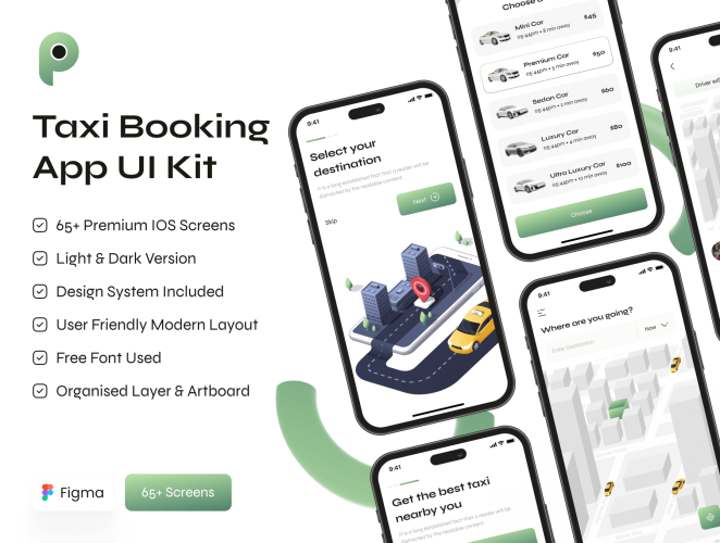 Taxi Booking App UI Kit  65+屏出租车在线预定打车约车软件APP界面设计Figma模板套件