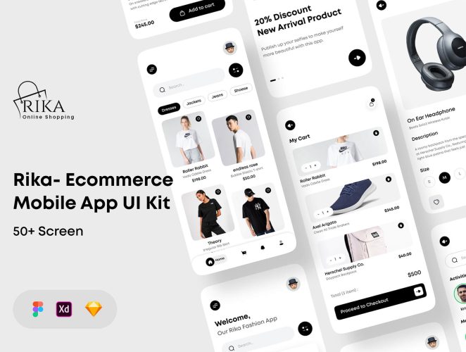 Rika – eCommerce Mobile App UI Kit  手机电商app设计黑白ui套件sketch模板一套