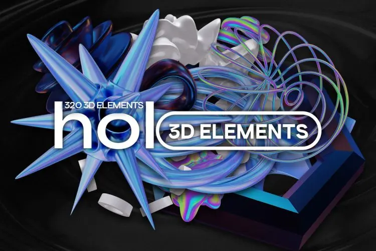 Holo 3D – 320 3D Elements  320款3D全息科幻镭射抽象艺术立体几何图形webp免抠图片设计素材