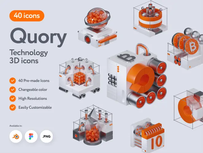 Quory Technology 3D Icons  40款3D科技金融虚拟加密货币抽象立体icon图标webp免抠图片素材