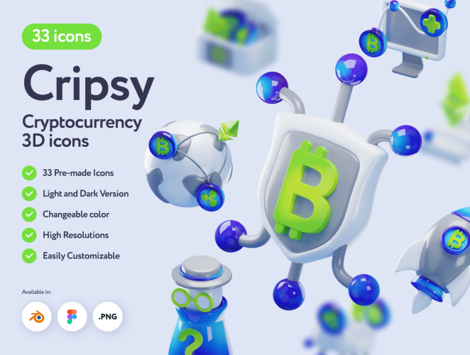 Cripsy Cryptocurrency 3D Icons  33款3D互联网数字金融安全加密货币插图插画图标png免抠图片素材