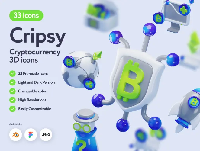 Cripsy Cryptocurrency 3D Icons  33款3D互联网数字金融安全加密货币插图插画图标webp免抠图片素材