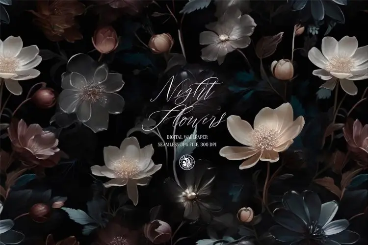 Night Flowers Wallpaper 优雅奢华夜晚的花朵花卉居家装饰壁纸无缝图案设计图片素材