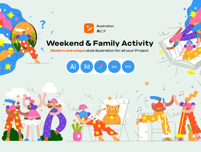 Weekend & Family Activity  20款独特的周末家庭生活及活动插画设计卡通人物插画图片
