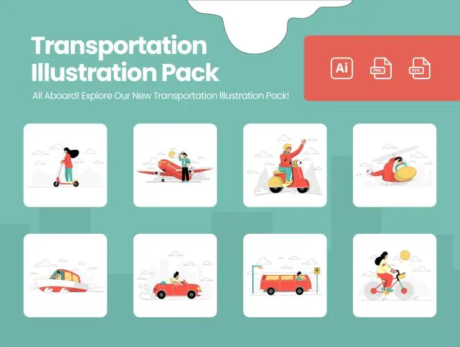 Transportation Illustration Pack  10款交通运输工具停泊场景人物插图插画设计素材webp免抠图文件