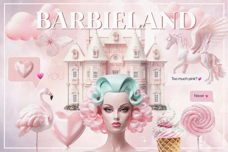 BARBIELAND pink graphic collage pack 潮流复古粉色梦幻超现实主义背景底纹插画webp免抠拼贴图片素材