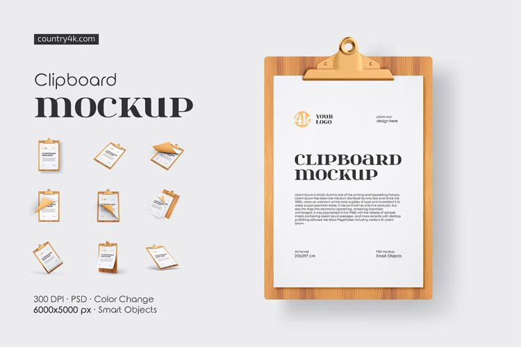 A4 Clipboard Mockup Set  9款A4文档菜单剪贴板文具模型多角度展示设计贴图ps样机素材模板