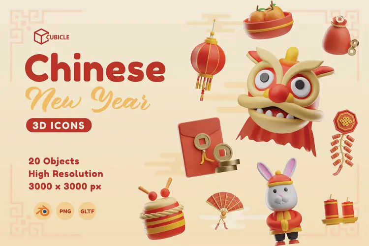 Chinese New Year 3D Icons  20款中国新年春节3D立体卡通鞭炮元宝红包灯笼铜钱金币插图插画webp免抠图片素材