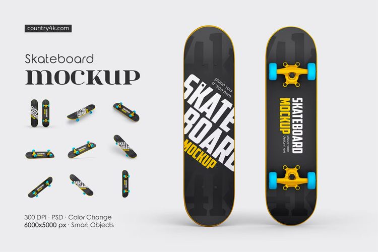 Skateboard Mockup Set 极限运动滑板模型品牌logo设计贴图ps样机素材