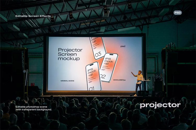 Projector Screen Mockup 公司会议投影仪屏幕模型展示设计贴图ps样机素材