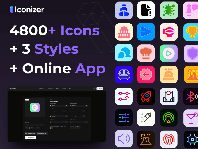 Iconizer Pro Icon Customizer 4800+ Icons 3 Styles  4800+三种样式手机app网页常用线性面性小图标icon设计素材