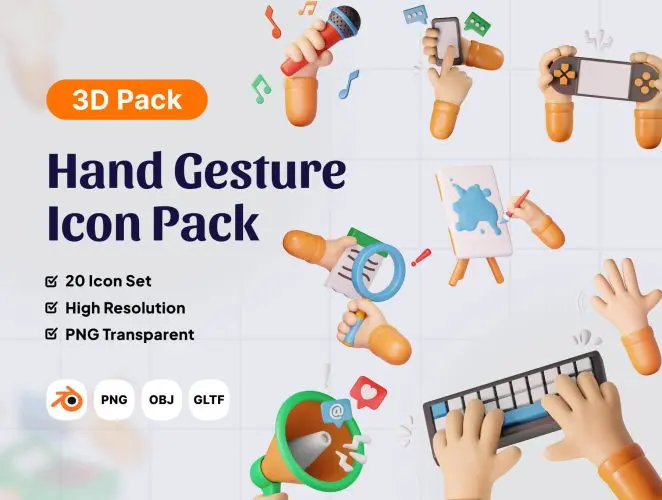 Hand Gesture 3D Icons  20款3D卡通趣味手指手语手势姿势动作插图插画webp免抠图片素材