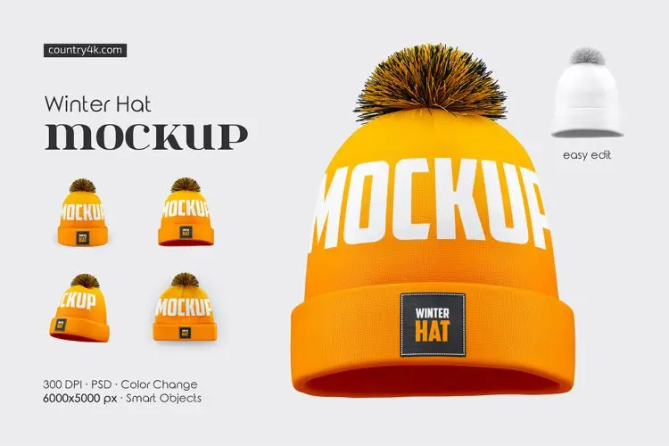 Winter Hat Mockup Set 冬季保暖针织毛线帽模型品牌商标logo设计贴图ps样机素材