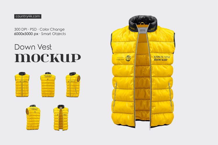 Down Vest Mockup Set  5款立领羽绒服马甲面包外套马甲上衣服装设计ps样机素材展示效果图