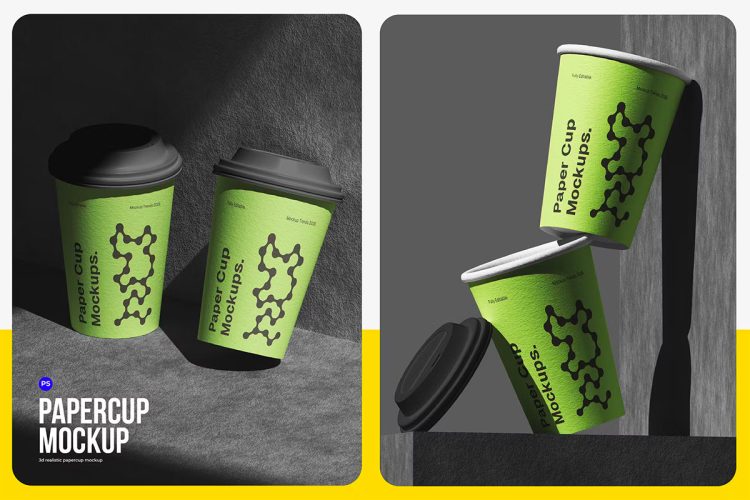 Papercup Mockup 一次性咖啡杯水杯纸杯盖模型品牌包装设计贴图ps样机素材