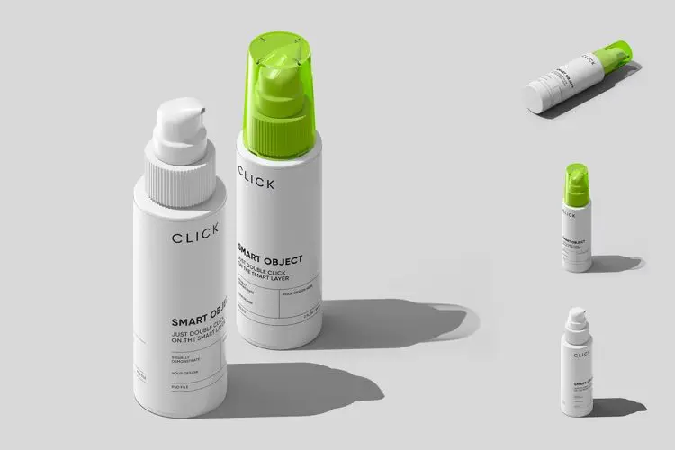 Isometric Pump Bottle Mockup 等距美妆泵瓶按压瓶模型品牌包装设计贴图ps样机素材