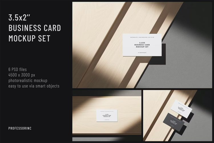 3.5×2 Business Card Mockup Set 木板上的名片模型展示设计贴图ps卡片样机素材