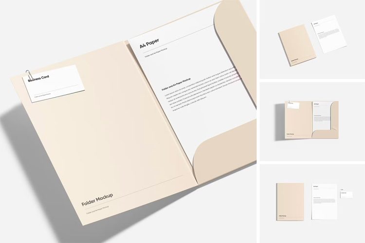 Folder and Paper with Business Card Mockup 带有名片样机的文件夹和纸张模型展示设计贴图ps样机素材