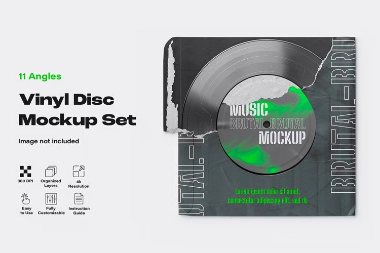 Vinyl Disc Mockup Set  11款潮流复古撕纸黑胶唱片专辑封面包装设计ps样机素材展示效果图