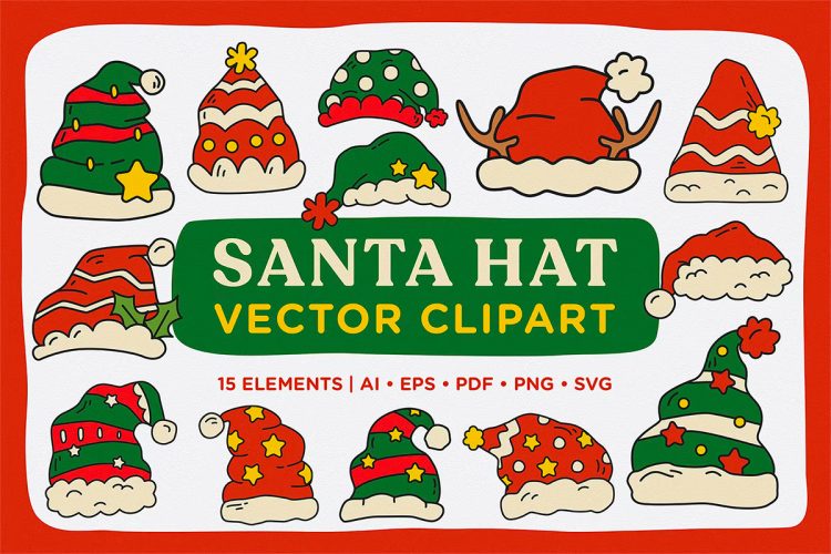 Christmas Santa Hat Vector Clipart Pack 手绘卡通圣诞老人帽子剪切画插图插画矢量设计素材