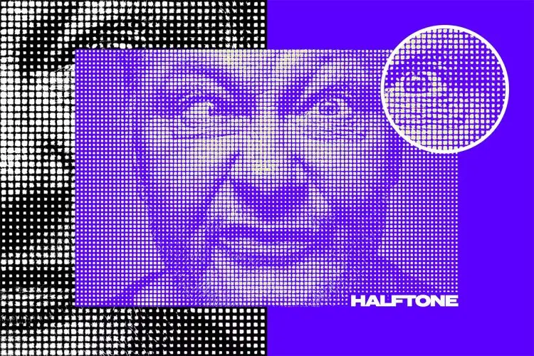 Square Halftone Texture 潮流复古拼色点阵半调图像照片怀旧艺术插画滤镜ps样机特效模版