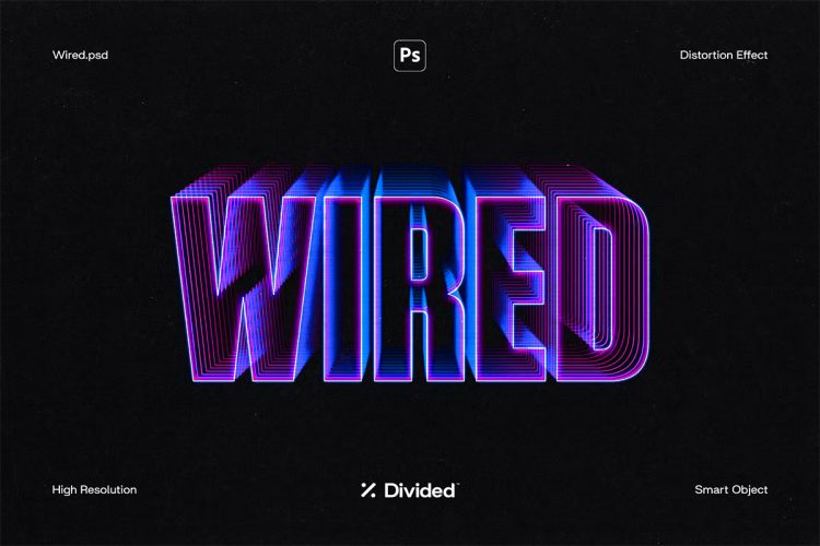 Wired Text Distortion Effect 科幻未来3D立体线性失真文本字母标题ps特效样机素材