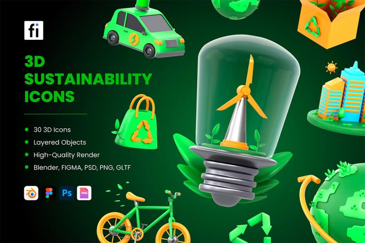 3D Sustainability Icons  30个绿色环保可持续发展主图3D立体插图图标icon设计素材ps分层改色模板