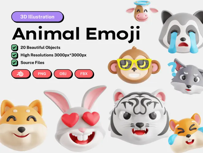 Animal Emoji 3D Icon Set  20款3D趣味卡通动物头像笑脸表情包插图插画图标webp免抠图片素材
