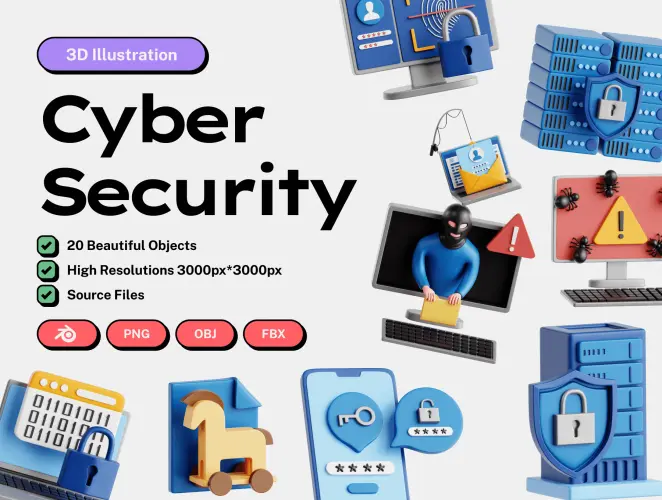 Network Security 3D Icons  20款网络安全信息加密终端访问警示效果演示3D图标icon素材webp免抠图片