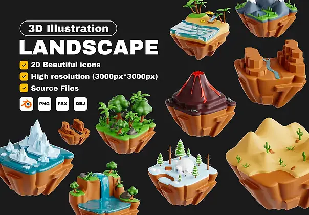 Landscape 3D Icon Set  20款3D立体卡通小岛瀑布冰川火山景观主题元素icon图标webp免抠图设计素材
