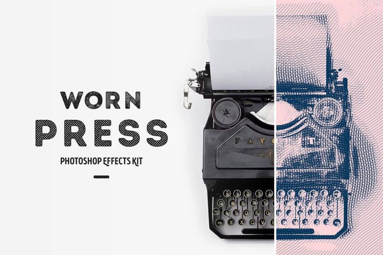 Worn Press Photoshop Effects Kit 潮流复古怀旧套印磨损做旧印章颗粒影印肌理特效ps样机素材模板