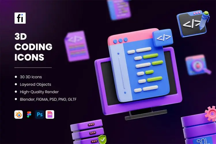 3D Coding Icons  30款软件开发云计算代码编程3D插图图标Icons设计素材